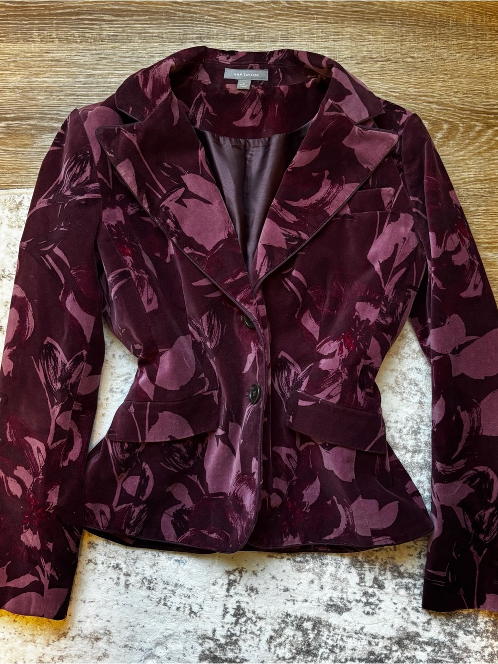 Ann Taylor Deep Burgundy Floral Velvet Blazer